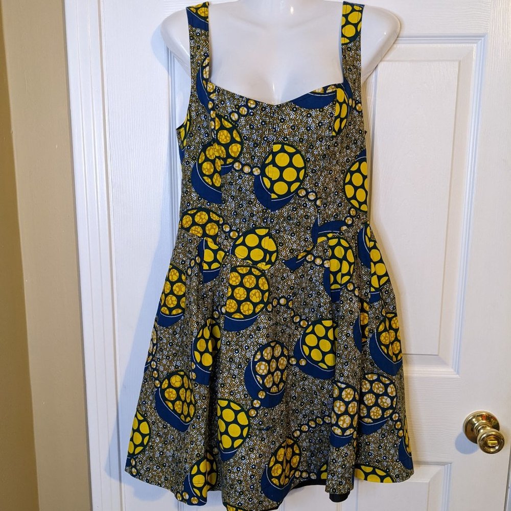 Zachary's Smile Navy & Yellow Print Sleeveless Mini Dressw/Side Pockets - S
